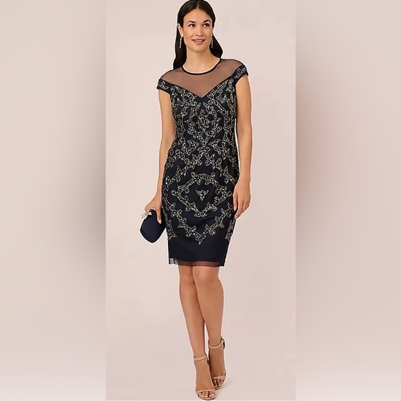 Adrianna Papell Studio Beaded Illusion Yoke Dress Sz 4 $139 - Picture 1 of 9